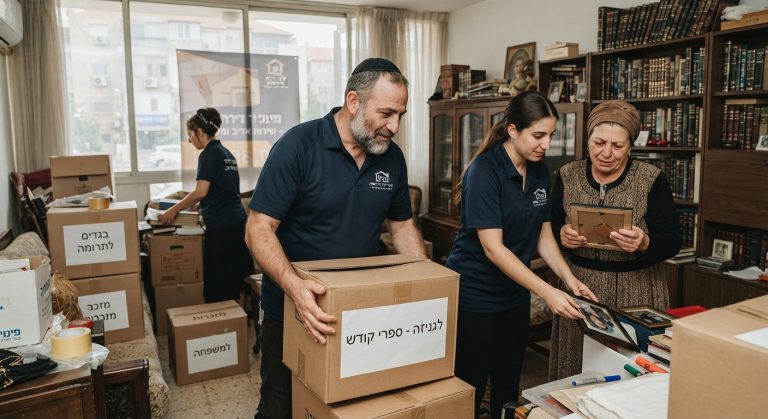 דירה מוארת ומאורגנת בבני ברק עם ארגזי אריזה, הממחישה תהליך מכובד ורגיש של פינוי דירה לאחר פטירה.
