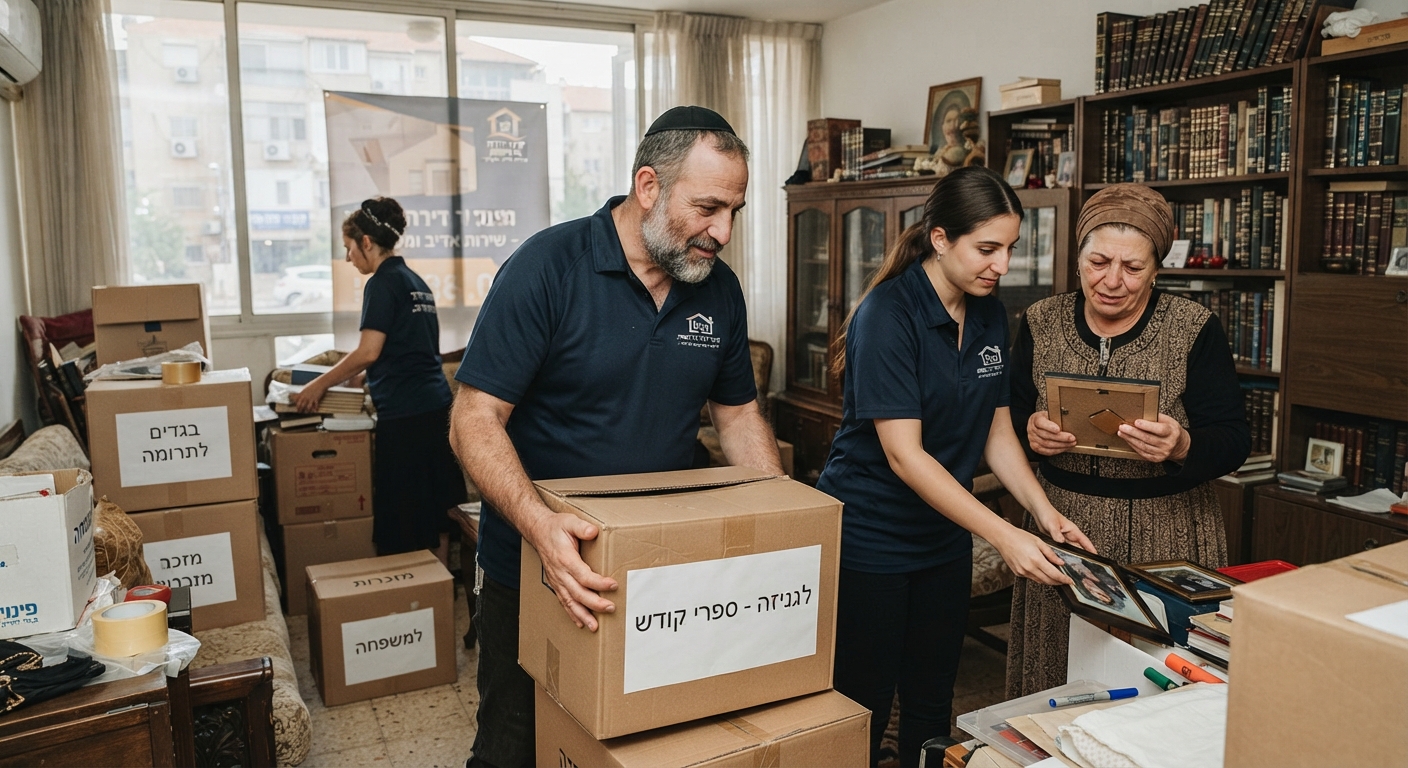 דירה מוארת ומאורגנת בבני ברק עם ארגזי אריזה, הממחישה תהליך מכובד ורגיש של פינוי דירה לאחר פטירה.