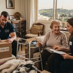 איש מקצוע מסייע בחיוך וברגישות לאדם מבוגר בדירתו במהלך תהליך פינוי וסידור הבית בנוף הגליל, באווירה חמה, מכבדת ותומכת.