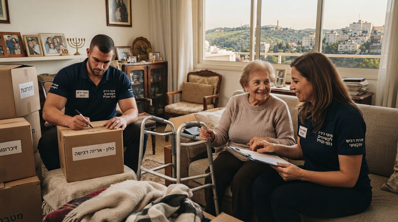איש מקצוע מסייע בחיוך וברגישות לאדם מבוגר בדירתו במהלך תהליך פינוי וסידור הבית בנוף הגליל, באווירה חמה, מכבדת ותומכת.