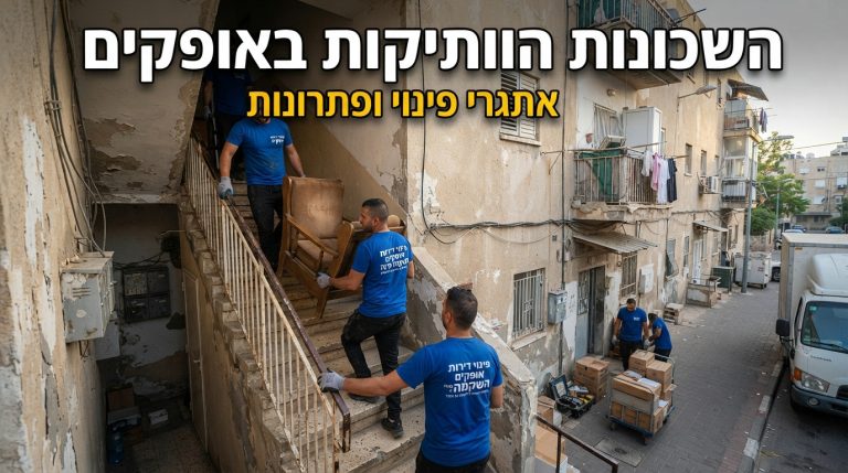 צוות מקצועי של חברת פינוי דירות פועל ברחוב צר בשכונה ותיקה באופקים, ומפנה תכולת דירה מבניין שיכון ישן אל משאית הובלה.