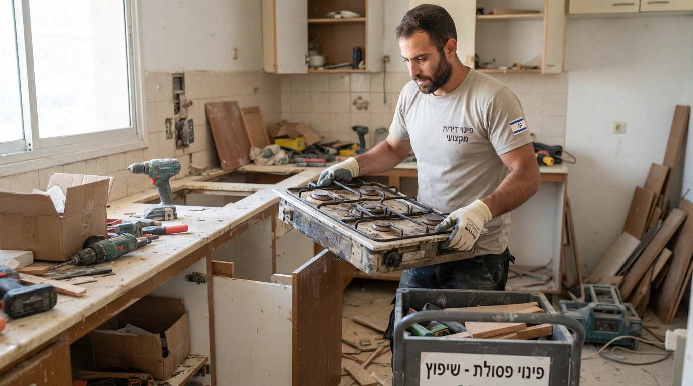כיריים מוסרות משיש במטבח שנמצא בתהליך שיפוץ, כחלק משירות פינוי תכולה ופסולת מקצועי.