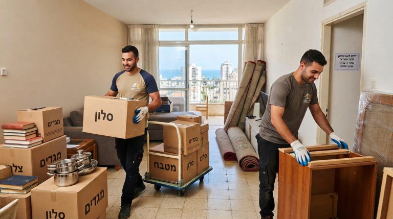 אנשי מקצוע אורזים ומפנים ארגזים ורהיטים מדירה בבת ים, כחלק מתהליך פינוי דירה מסודר כהכנה לפרויקט שיפוץ.