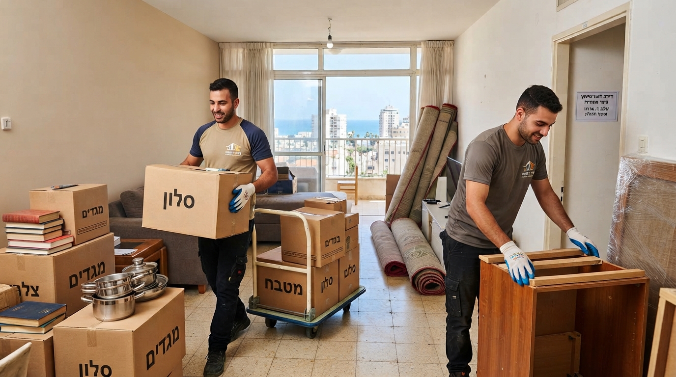 אנשי מקצוע אורזים ומפנים ארגזים ורהיטים מדירה בבת ים, כחלק מתהליך פינוי דירה מסודר כהכנה לפרויקט שיפוץ.