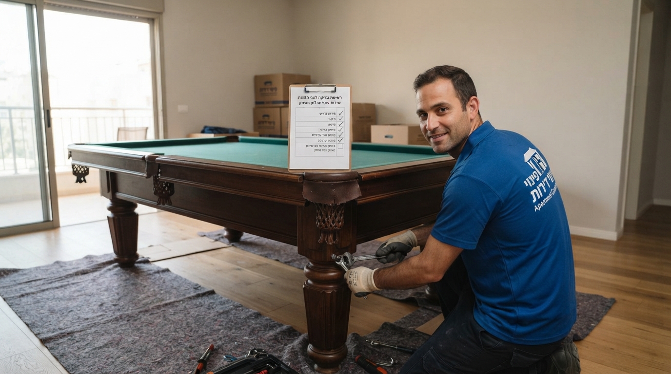 שולחן משחק גדול ומאסיבי בשלבי מדידה והכנה לפינוי, הממחיש את החשיבות של בדיקת מידות וגישה לפני הזמנת שירות פינוי.