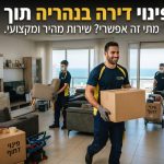 צוות מקצועי של חברת פינוי דירות מפנה תכולת דירה בנהריה במהירות וביעילות, עם ארגזים ארוזים ומשאית הובלה ברקע.