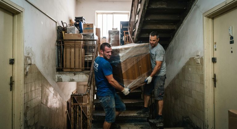צוות מובילים מקצועי מפנה רהיטים וארגזים בחדר מדרגות צר וישן של בניין ללא מעלית בתל אביב, כחלק מתהליך פינוי דירה מאתגר.