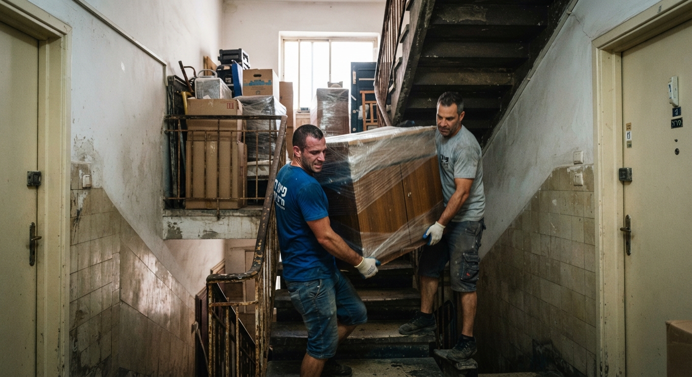 צוות מובילים מקצועי מפנה רהיטים וארגזים בחדר מדרגות צר וישן של בניין ללא מעלית בתל אביב, כחלק מתהליך פינוי דירה מאתגר.