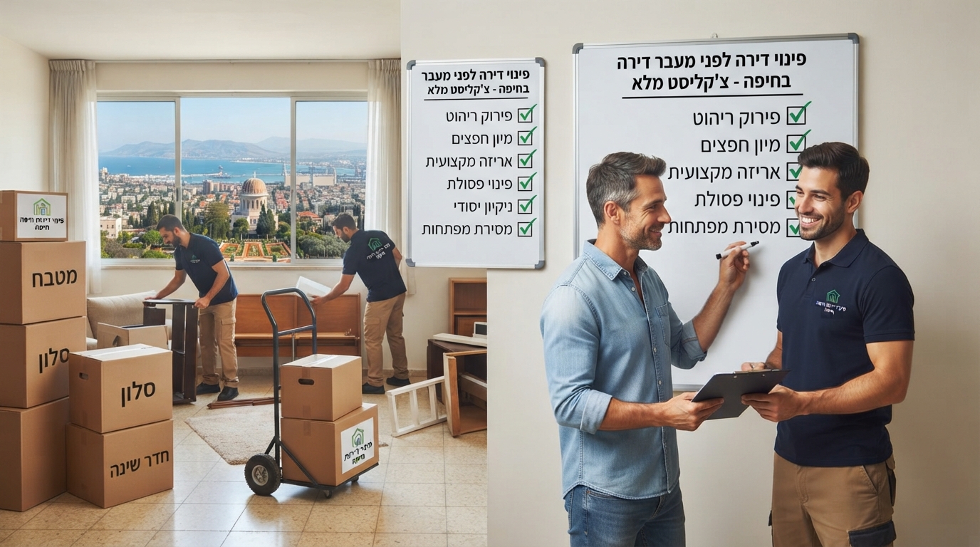 ארגזים ארוזים ודירה מסודרת בחיפה במהלך תהליך מיון ופינוי חפצים לקראת מעבר דירה