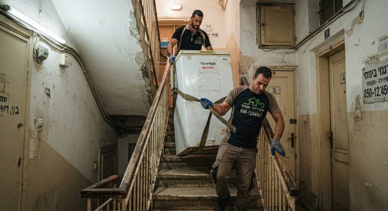 שני מובילים מקצועיים חגורים ברצועות נשיאה מיוחדות, מורידים בזהירות מקפיא תעשייתי כבד במדרגות צרות של בניין מגורים ישן ללא מעלית.
