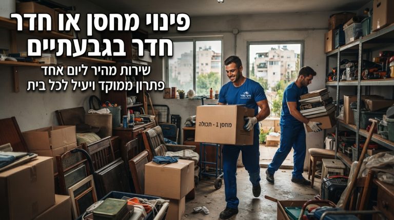 צוות מקצועי מפנה ומסדר מחסן עמוס בדירה בגבעתיים, כחלק משירות פינוי חדרים ומחסנים מהיר ביום אחד.