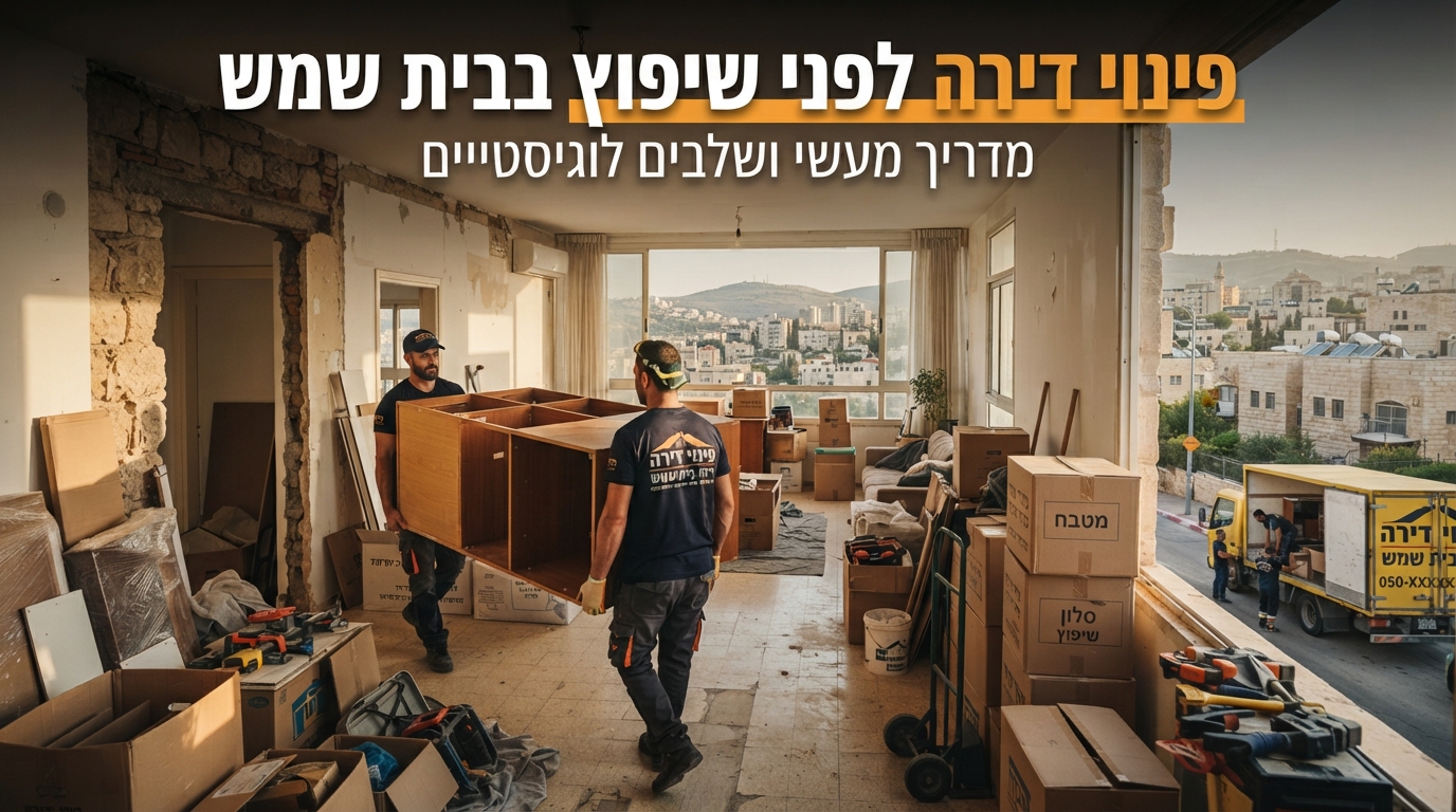 צוות מקצועי מפנה ארגזים ורהיטים מדירה בבית שמש, כשלב הכנה לוגיסטי ראשון לפני תחילת עבודות שיפוץ בנכס.