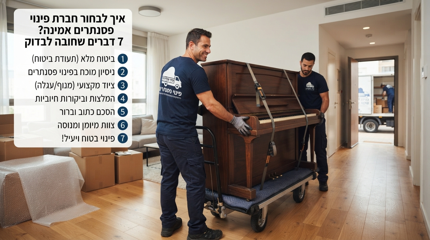 צוות מובילים מקצועי של חברת פינוי פשוט מפנה פסנתר בבטחה תוך שימוש בציוד מגן, רצועות נשיאה וטכניקה נכונה למניעת נזקים.