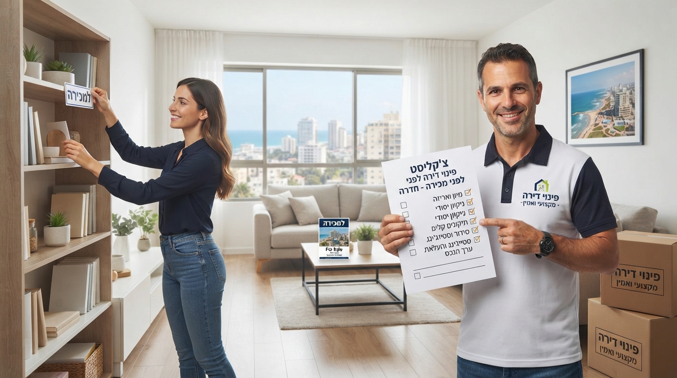 דירה מוארת ומסודרת בחדרה בתהליך פינוי ואריזה לקראת מכירה, עם קרטונים מסודרים ודף צ'קליסט משימות מונח בחזית.