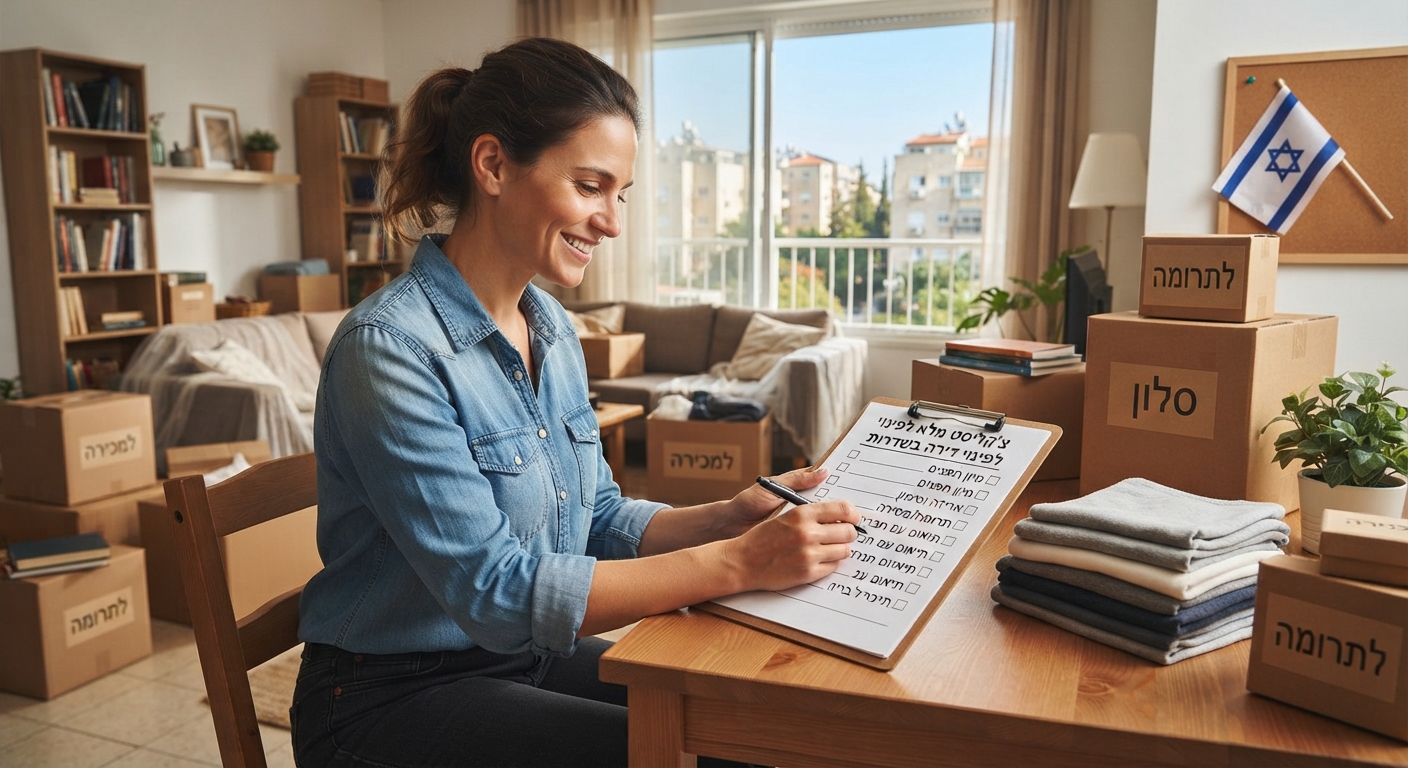 ארגזי קרטון ארוזים, רשימת משימות (צ'קליסט) ועט על רקע דירה מסודרת בשדרות, כהכנה לפינוי דירה.