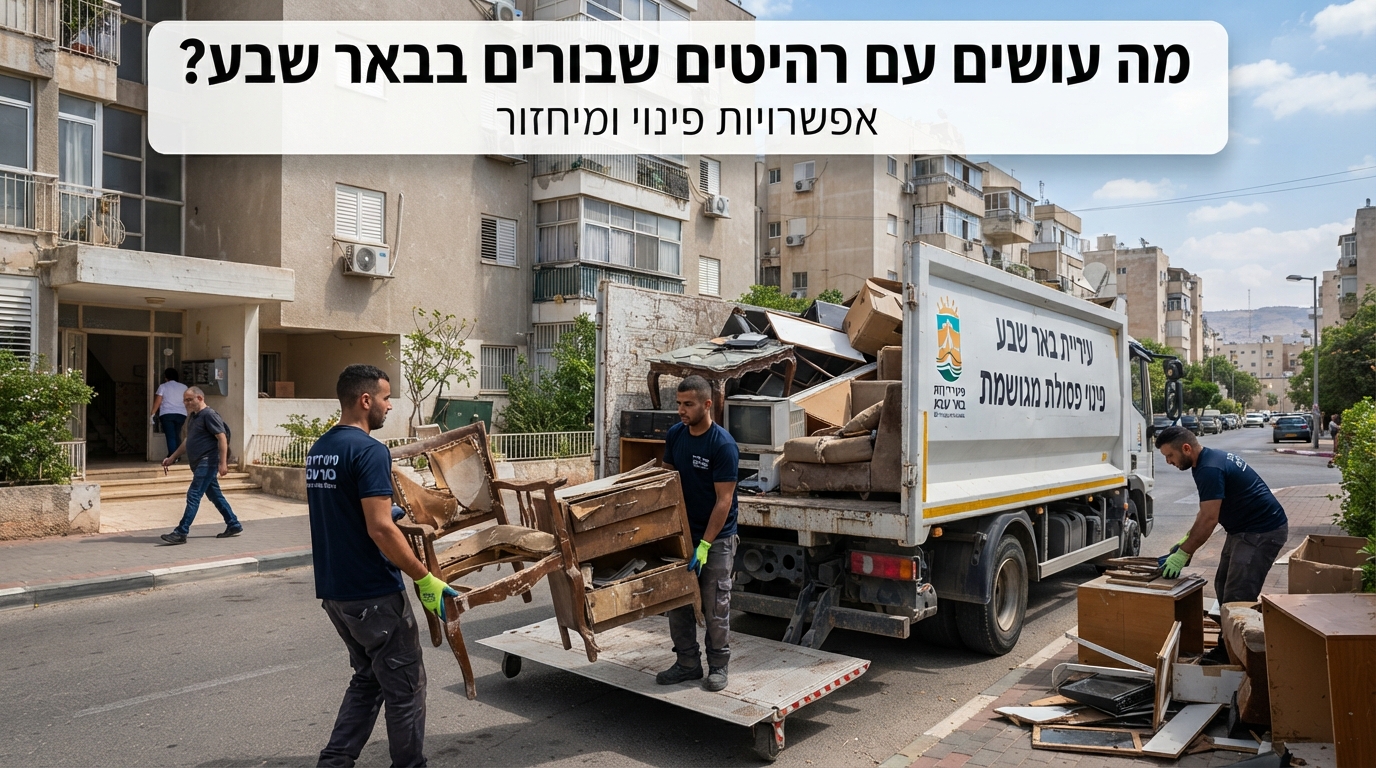 רהיטי עץ ישנים ושבורים מוערמים לצד משאית פינוי דירות ברחוב בבאר שבע, מוכנים להובלה למיחזור או לאתר הטמנה מורשה.