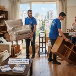 אנשי מקצוע מרוקנים דירה מוארת ברמת גן ומפנים רהיטים ישנים כמו ספה וארונות, כחלק מתהליך פינוי דירה יעיל.