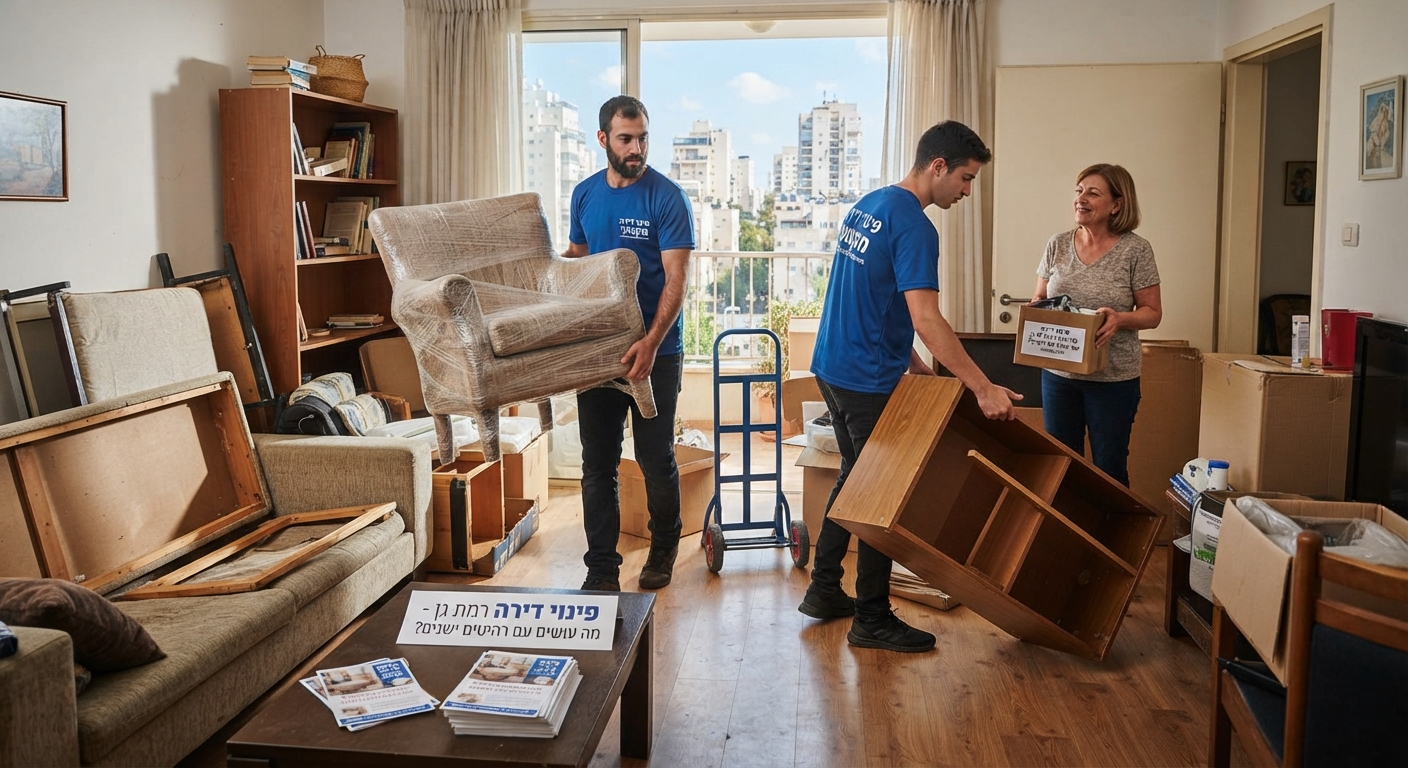 אנשי מקצוע מרוקנים דירה מוארת ברמת גן ומפנים רהיטים ישנים כמו ספה וארונות, כחלק מתהליך פינוי דירה יעיל.