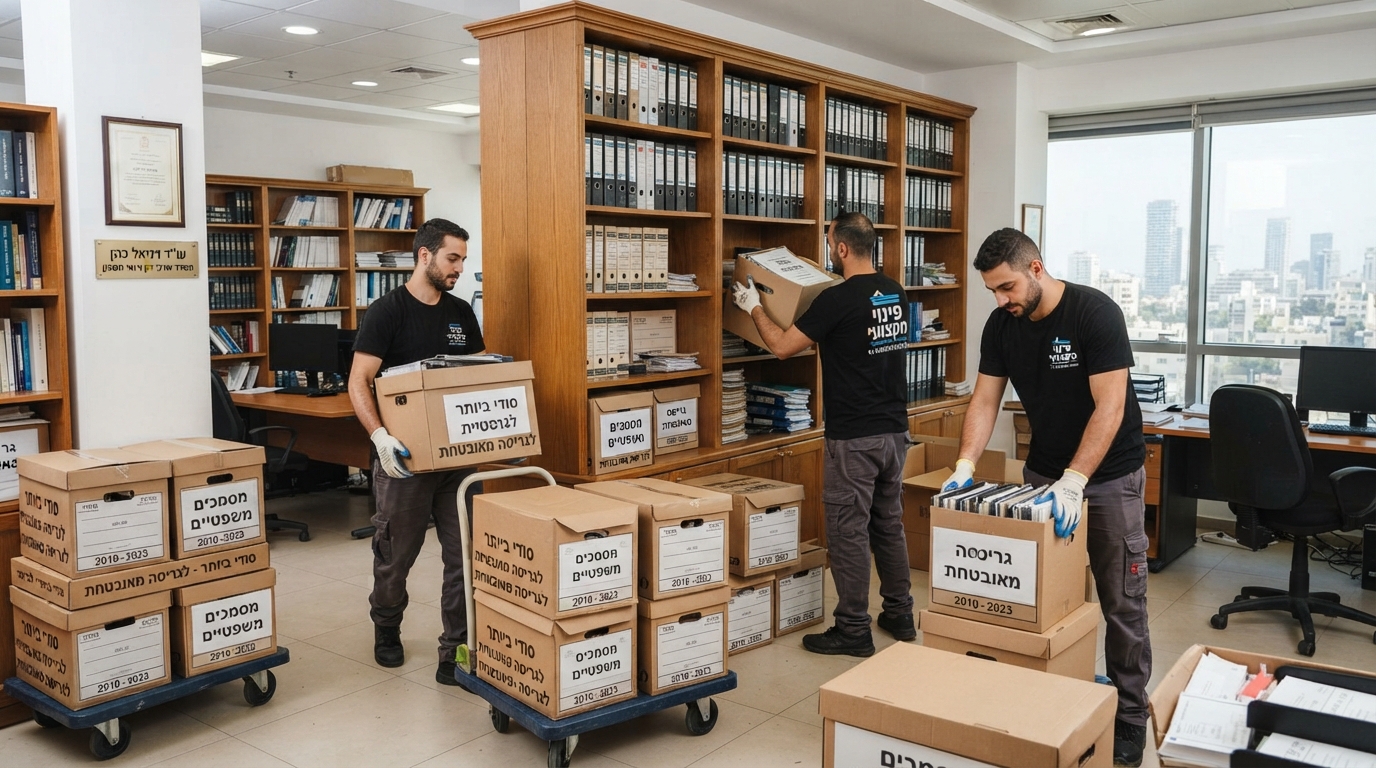 פינוי מקצועי ומאובטח של קלסרים, תיקי לקוחות וספריות ממשרד עורכי דין, כולל ארגזים לאריזה וגריסת מסמכים חסויים.
