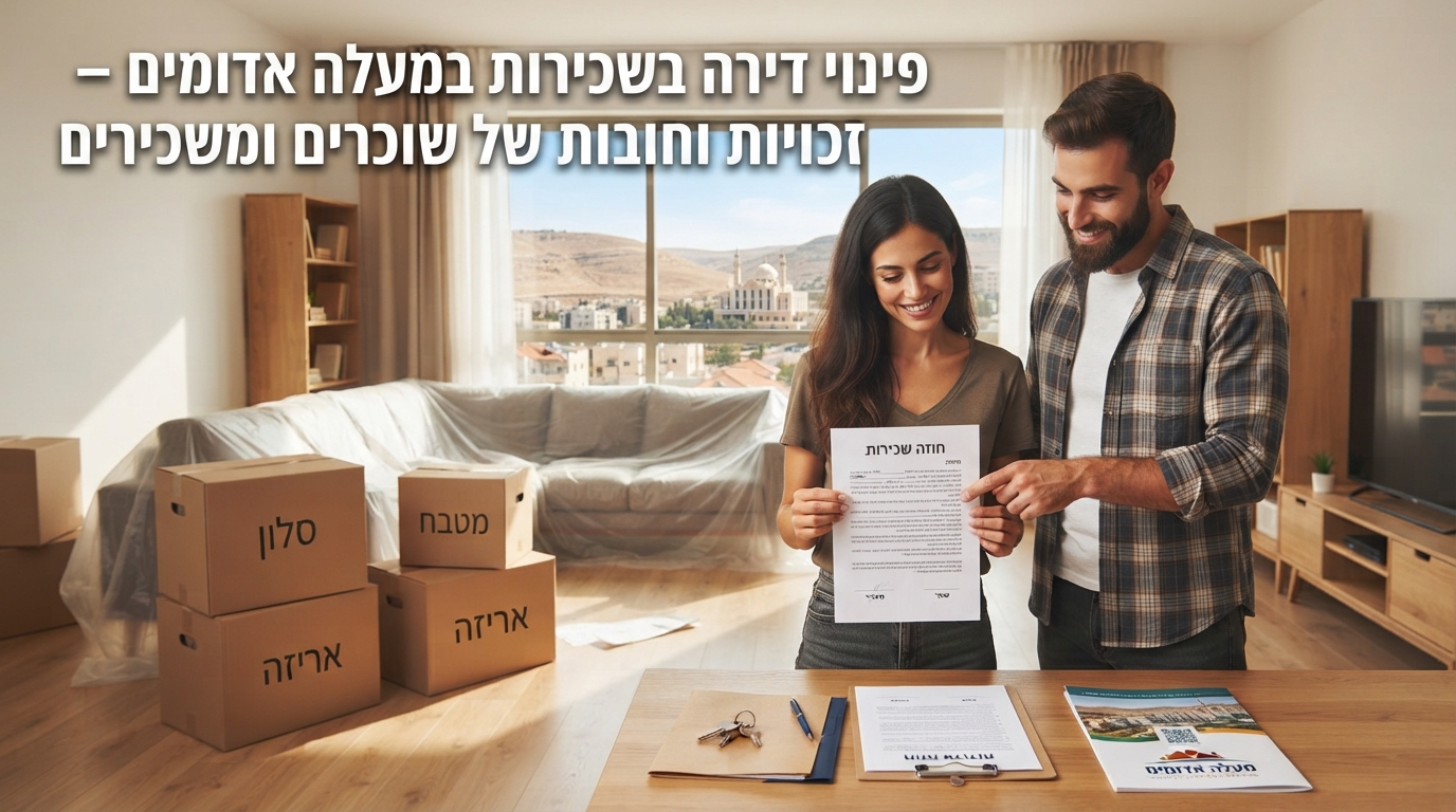 סלון דירה מוארת ומפונה מחפצים במעלה אדומים, עם ארגזי קרטון ארוזים ומפתח על השולחן, הממחיש תהליך פינוי דירה שכורה בסיום חוזה.