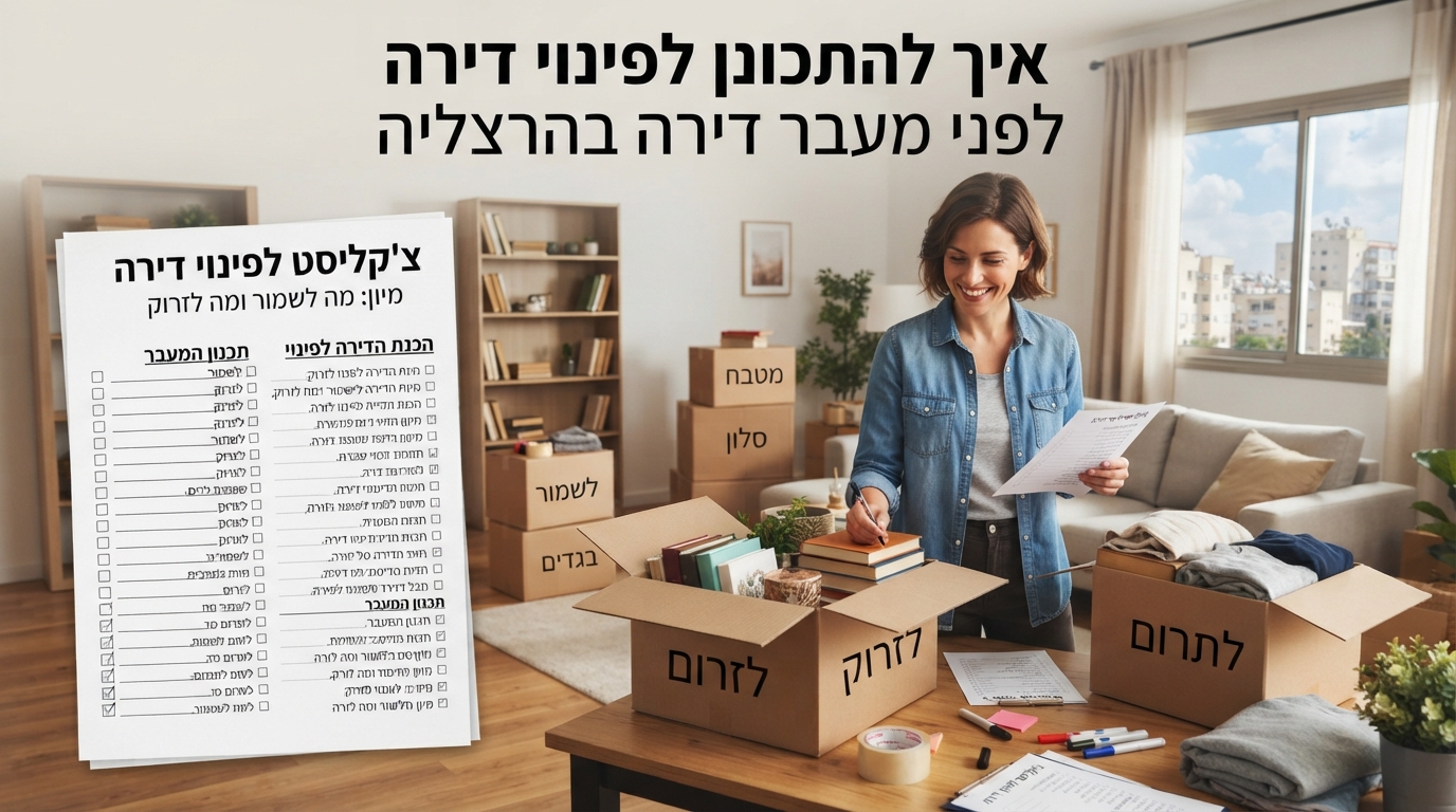 סלון דירה מואר בהרצליה בתהליך הכנה למעבר, עם ארגזי קרטון מסודרים ועליהם כיתוב של 'לשמור', 'לתרום' ו'לזרוק' כחלק מפינוי דירה.