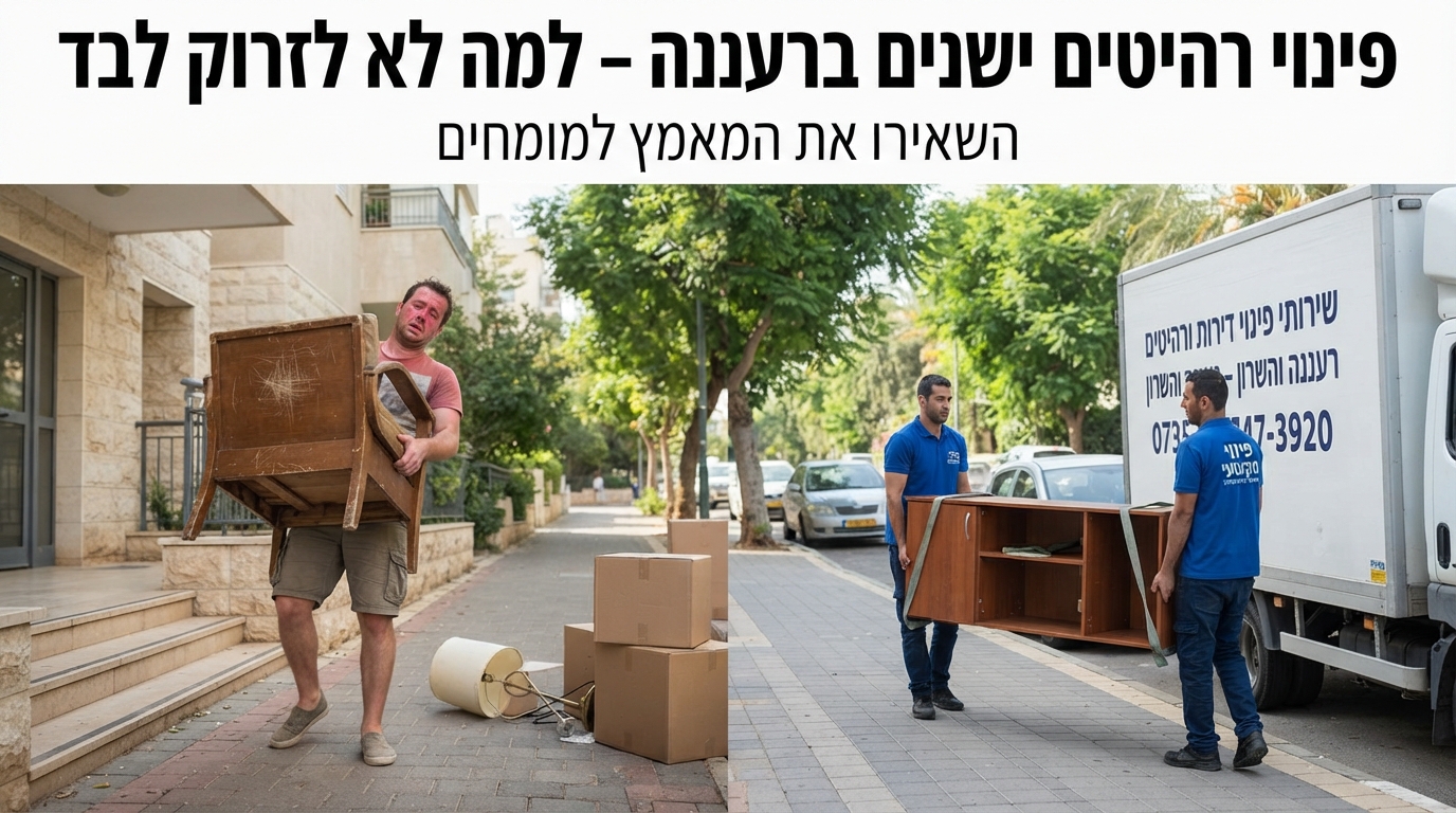 צוות מקצועי של חברת פינוי דירות מפנה ספה כבדה ורהיטים ישנים מתוך בניין מגורים ברעננה אל משאית פינוי, במקום פינוי עצמאי ומאמץ פיזי של בעלי הדירה.