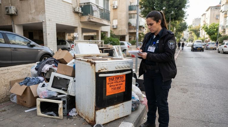 תנור אפייה ישן וחלוד זרוק באופן לא חוקי על מדרכה ברחוב ליד פחי אשפה, ממחיש את הבעיה של השלכת פסולת אלקטרונית בניגוד לחוק.