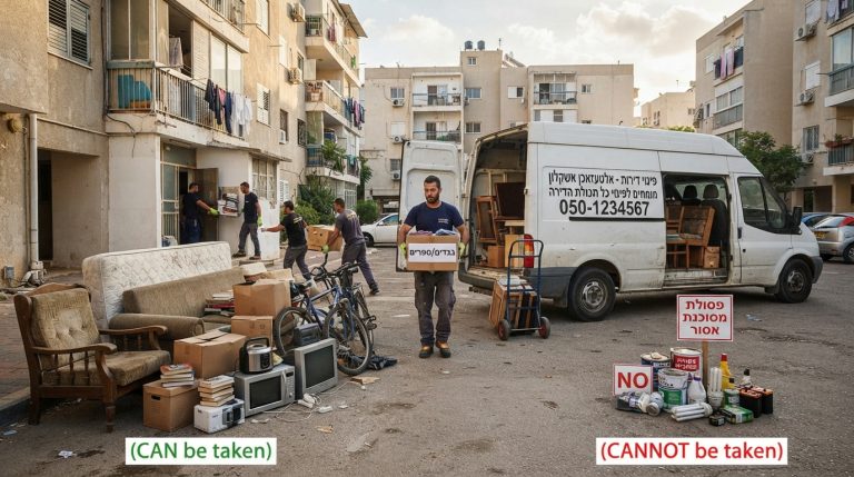 משאית פינוי של אלטעזאכן ברחוב באשקלון, ולצידה חפצים שונים המיועדים לפינוי כמו מזרן ישן, מכשיר חשמלי (פסולת אלקטרונית) וארגזים.