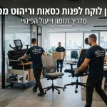 צוות מקצועי של חברת פינוי מפנה בצורה מאורגנת כסאות משרדיים וריהוט מתוך משרד, הממחיש תהליך פינוי מהיר ללא הפרעה לפעילות העסקית.