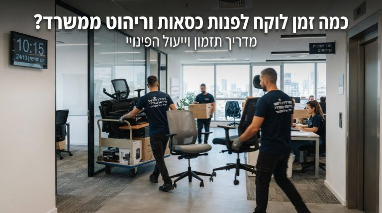 צוות מקצועי של חברת פינוי מפנה בצורה מאורגנת כסאות משרדיים וריהוט מתוך משרד, הממחיש תהליך פינוי מהיר ללא הפרעה לפעילות העסקית.