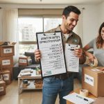 דירה מוארת ומאורגנת במודיעין עם ארגזים ארוזים ולוח כתיבה שעליו צ'קליסט משימות, כהכנה מקדימה לקראת הגעת צוות פינוי דירות.
