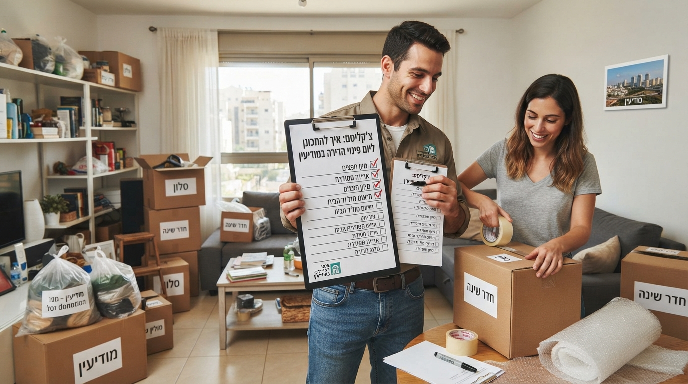 דירה מוארת ומאורגנת במודיעין עם ארגזים ארוזים ולוח כתיבה שעליו צ'קליסט משימות, כהכנה מקדימה לקראת הגעת צוות פינוי דירות.
