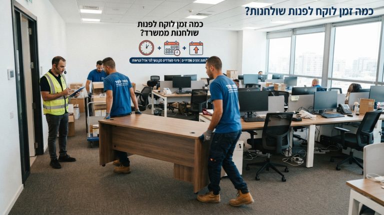 אנשי מקצוע מפנים שולחנות עבודה וכיסאות ממשרד מודרני, כחלק מתהליך פינוי ריהוט משרדי יעיל ומהיר.