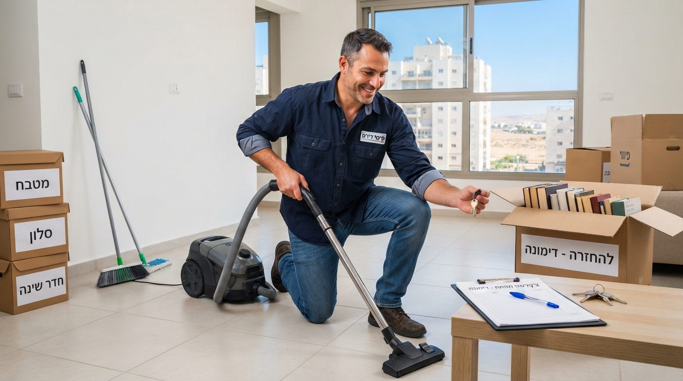 דירה שכורה בדימונה לאחר פינוי וניקיון, עם ארגזים ארוזים, מפתח על השולחן ונוף מבעד לחלון, מוכנה למסירה חלקה לבעל הבית.