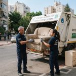 רהיטים ישנים ממתינים לפינוי על מדרכה ברחוב ברמת גן, המדגישים את החוקים לפינוי פסולת גושית בעירייה.