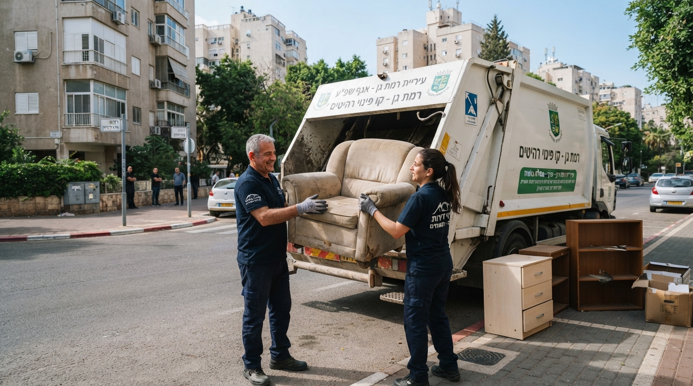 רהיטים ישנים ממתינים לפינוי על מדרכה ברחוב ברמת גן, המדגישים את החוקים לפינוי פסולת גושית בעירייה.