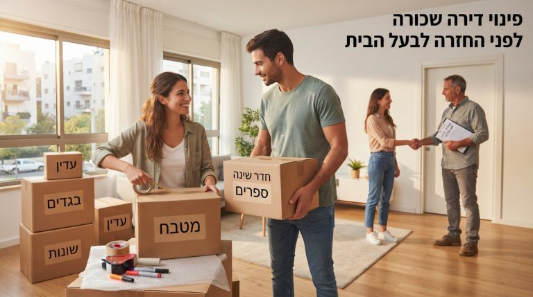 דירה שכורה נקייה ומסודרת לאחר פינוי, עם ארגזים ארוזים, מוכנה למסירת המפתח חזרה לבעל הבית.