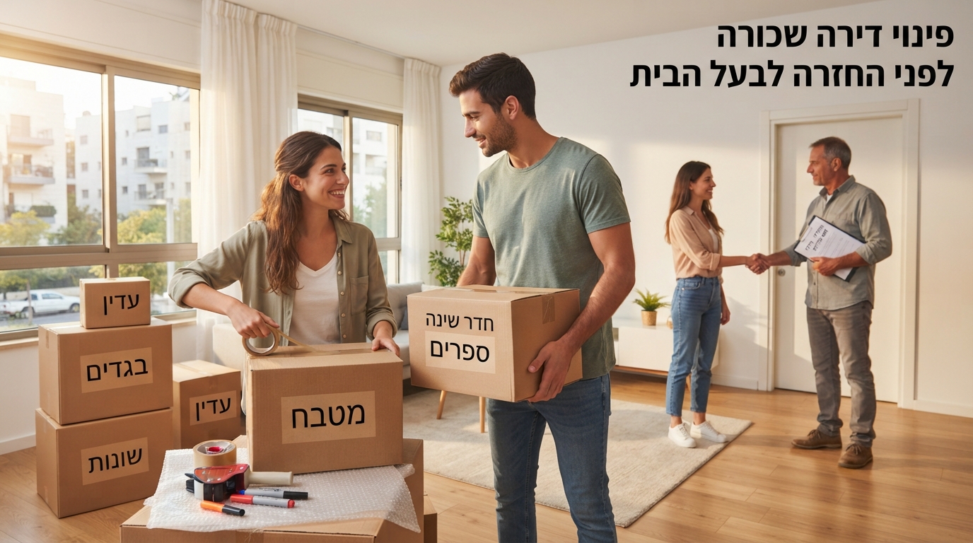 דירה שכורה נקייה ומסודרת לאחר פינוי, עם ארגזים ארוזים, מוכנה למסירת המפתח חזרה לבעל הבית.