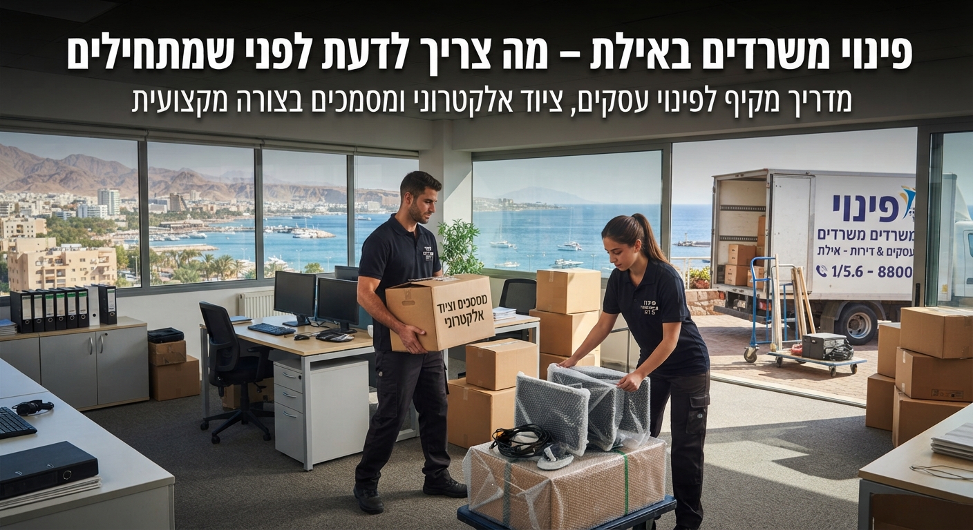 משרד מודרני באילת בתהליך פינוי, עם ארגזים ארוזים, מסמכים וציוד אלקטרוני ומחשבים מוכנים לשינוע, על רקע נוף אילתי הנשקף מהחלון.