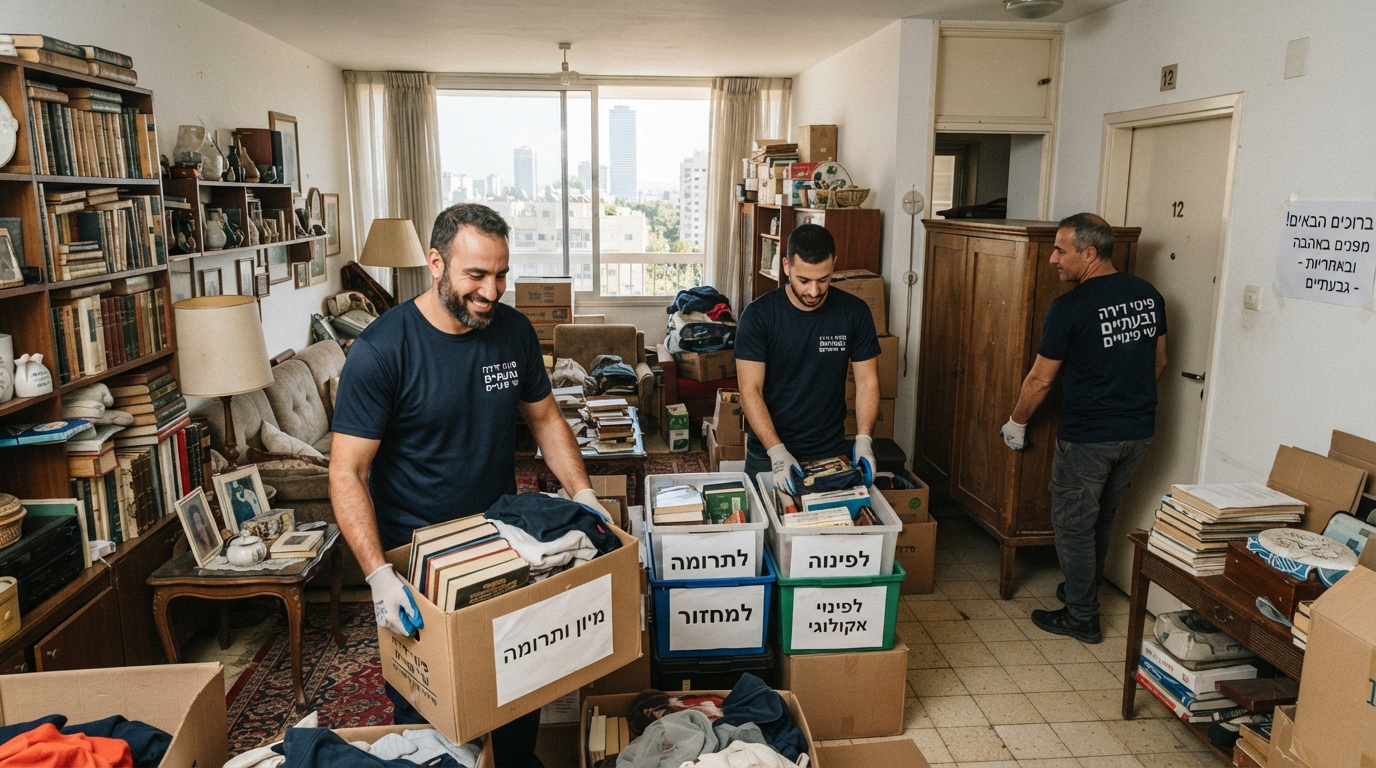 תהליך מיון ופינוי של ארגזים וחפצים ישנים מדירה עמוסה בגבעתיים, כחלק משירות פינוי דירות מקצועי ואקולוגי.