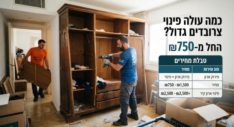 אנשי מקצוע מטעם חברת פינוי דירות מפרקים ומפנים ארון בגדים גדול מעץ מתוך דירה.