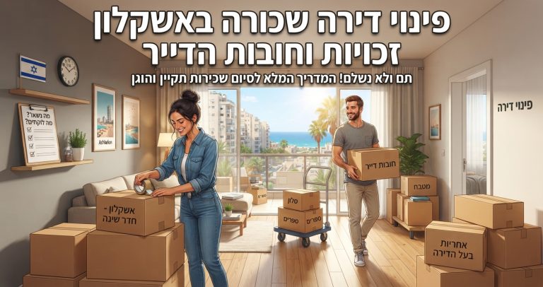 דירה שכורה באשקלון בתהליך פינוי ומעבר, נקייה ומסודרת עם ארגזים ארוזים, הממחישה את סיום חוזה השכירות והחזרת הנכס לבעליו.