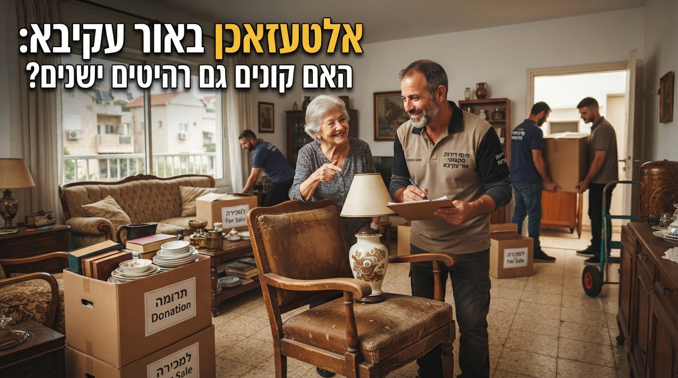 תהליך מיון ופינוי של רהיטים ישנים ופריטי וינטג' מדירה באור עקיבא, המיועדים למכירה לאלטעזאכן או לתרומה.