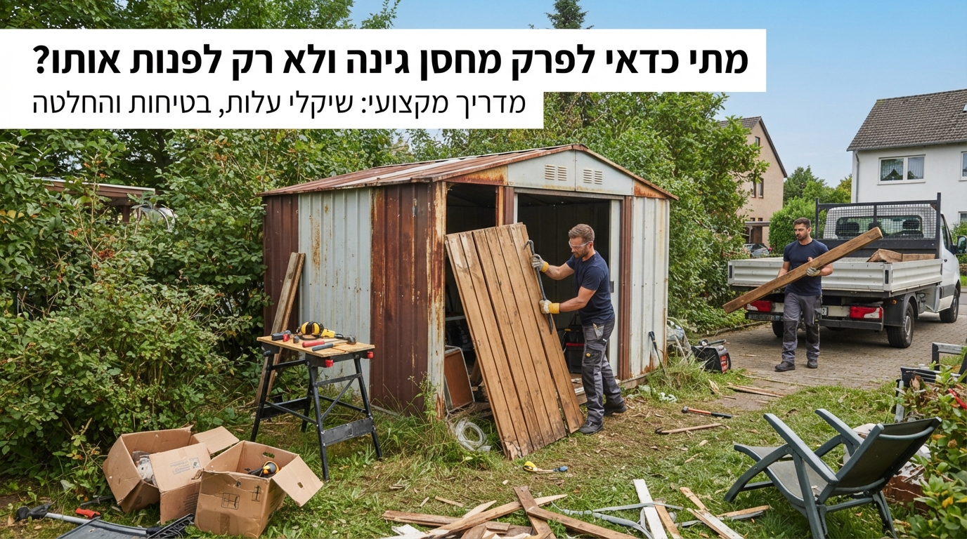 איש מקצוע מחברת פינוי דירות בוחן מחסן גינה ישן וחלוד בחצר, לקראת החלטה על פירוק המבנה ופינויו.