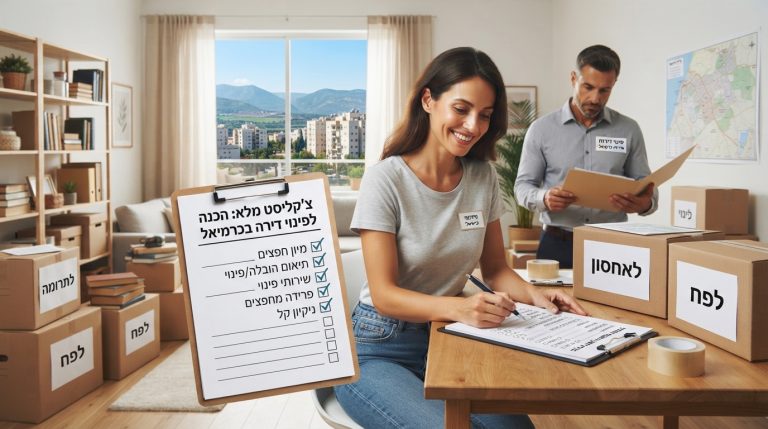 דירה מאורגנת עם ארגזים ארוזים ולוח כתיבה המציג צ'קליסט הכנה לקראת פינוי דירה בכרמיאל.