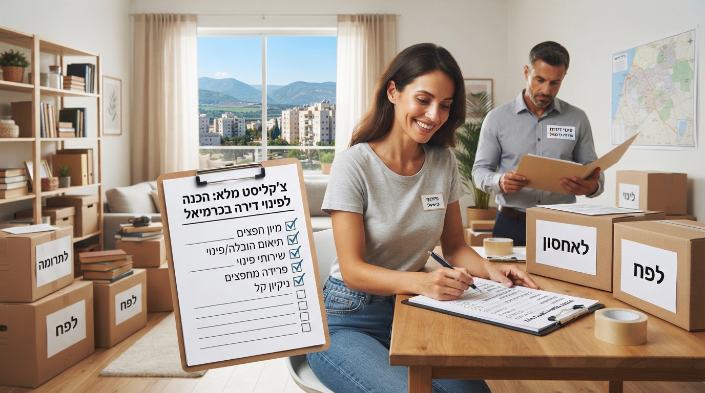 דירה מאורגנת עם ארגזים ארוזים ולוח כתיבה המציג צ'קליסט הכנה לקראת פינוי דירה בכרמיאל.