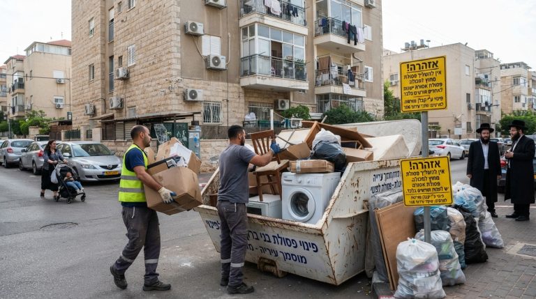 אזור פינוי פסולת וגרוטאות מסודר ברחוב בבני ברק, עם קרטונים ורהיטים הממתינים לפינוי מורשה לאחר פינוי תכולת דירה.