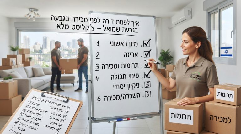 סלון דירה מואר ומאורגן בגבעת שמואל בתהליך פינוי ואריזה לקראת מכירה, עם ארגזים מסודרים ולוח כתיבה המציג צ'קליסט משימות.