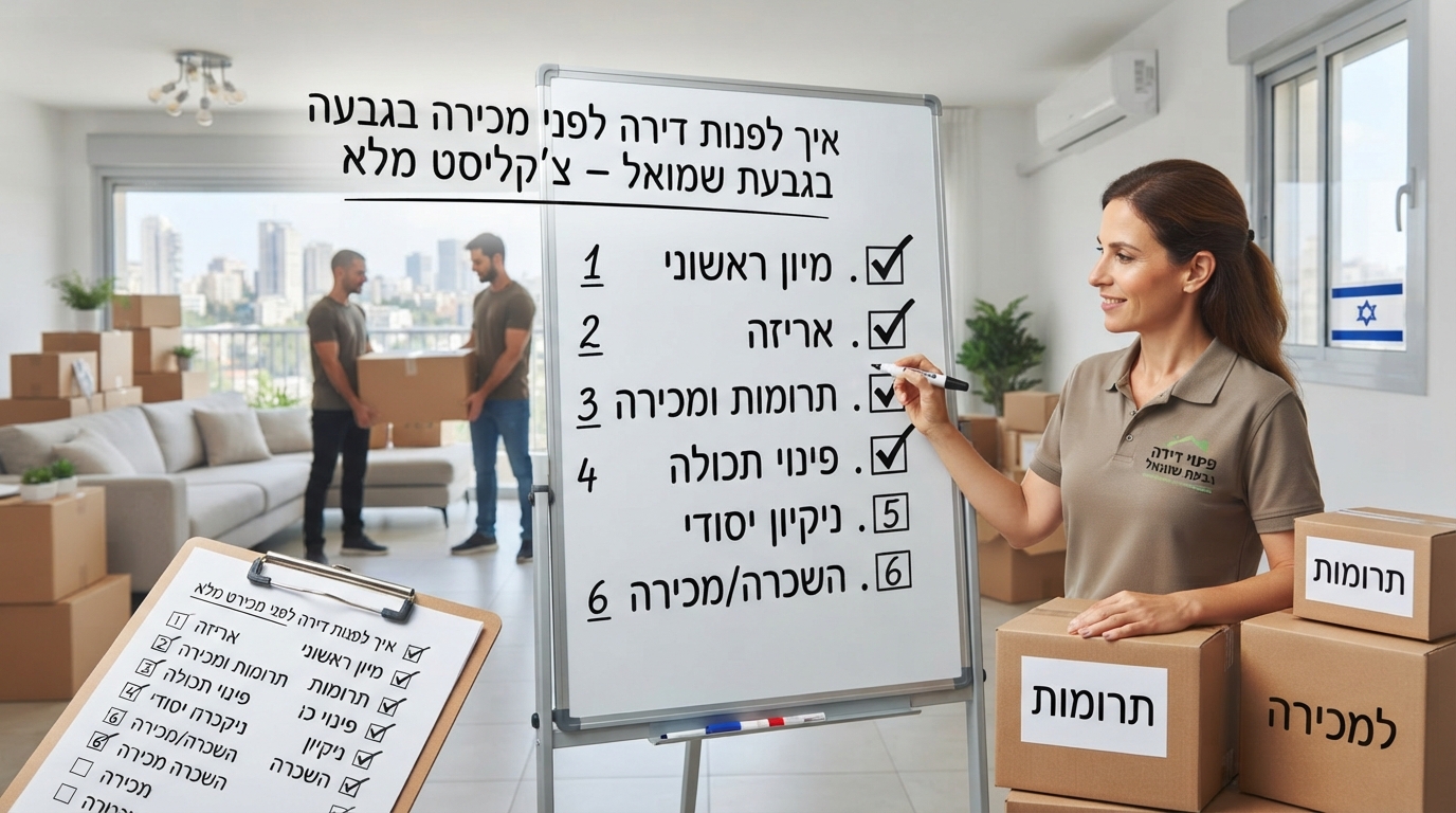 סלון דירה מואר ומאורגן בגבעת שמואל בתהליך פינוי ואריזה לקראת מכירה, עם ארגזים מסודרים ולוח כתיבה המציג צ'קליסט משימות.