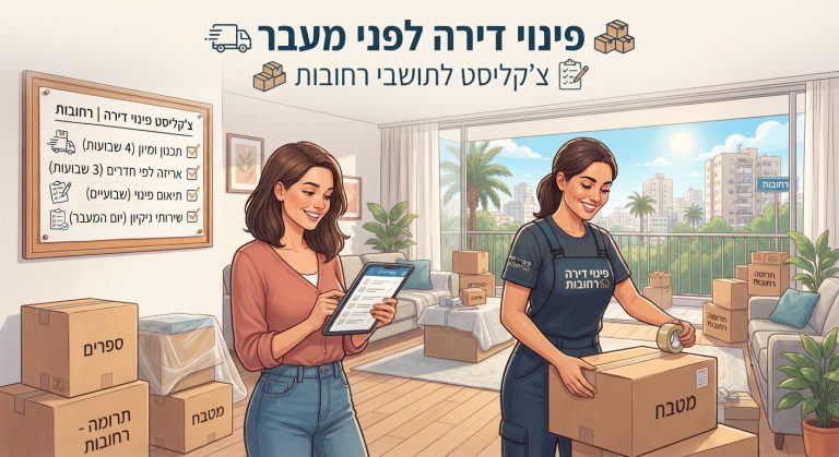 דירה מוארת ומאורגנת בתהליך אריזה ופינוי לקראת מעבר ברחובות, עם ארגזי קרטון מסודרים ולוח כתיבה עם צ'קליסט משימות.